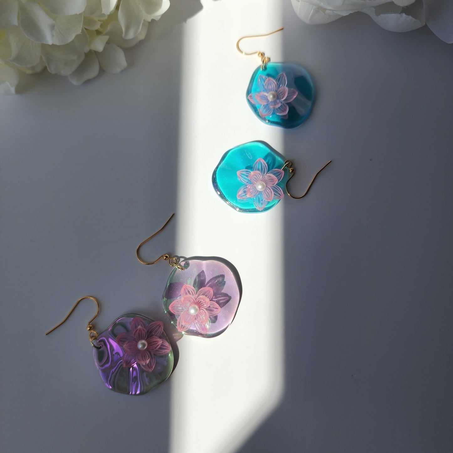 Water Lily on Floating Leaf Dangle Earrings