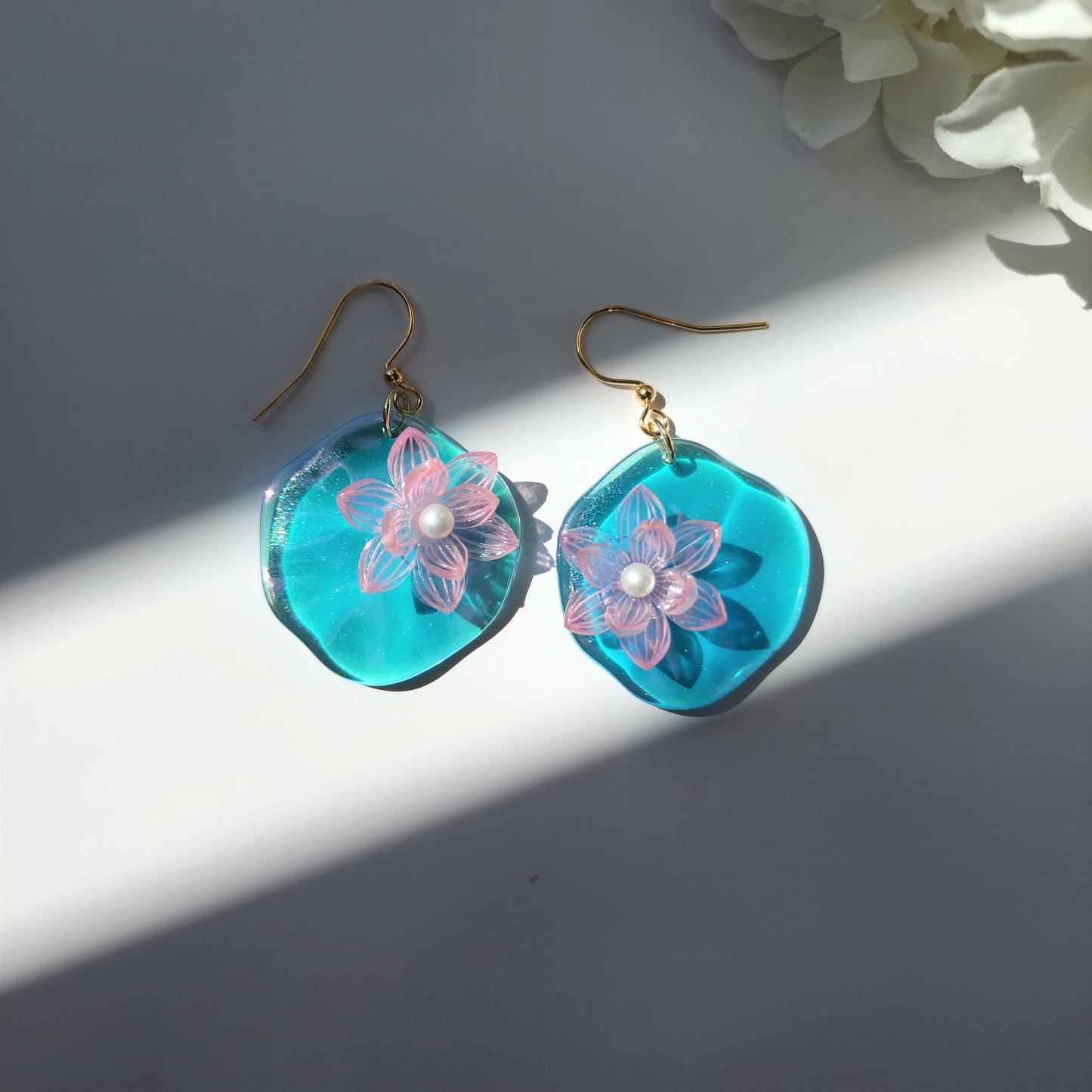 Water Lily on Floating Leaf Dangle Earrings