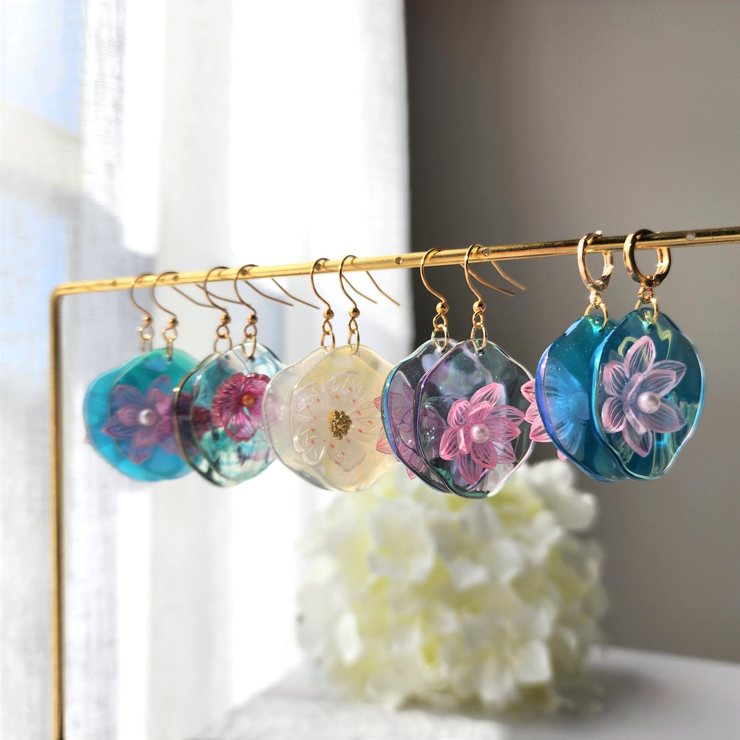 Water Lily on Floating Leaf Dangle Earrings