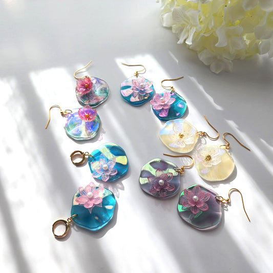 Water Lily on Floating Leaf Dangle Earrings
