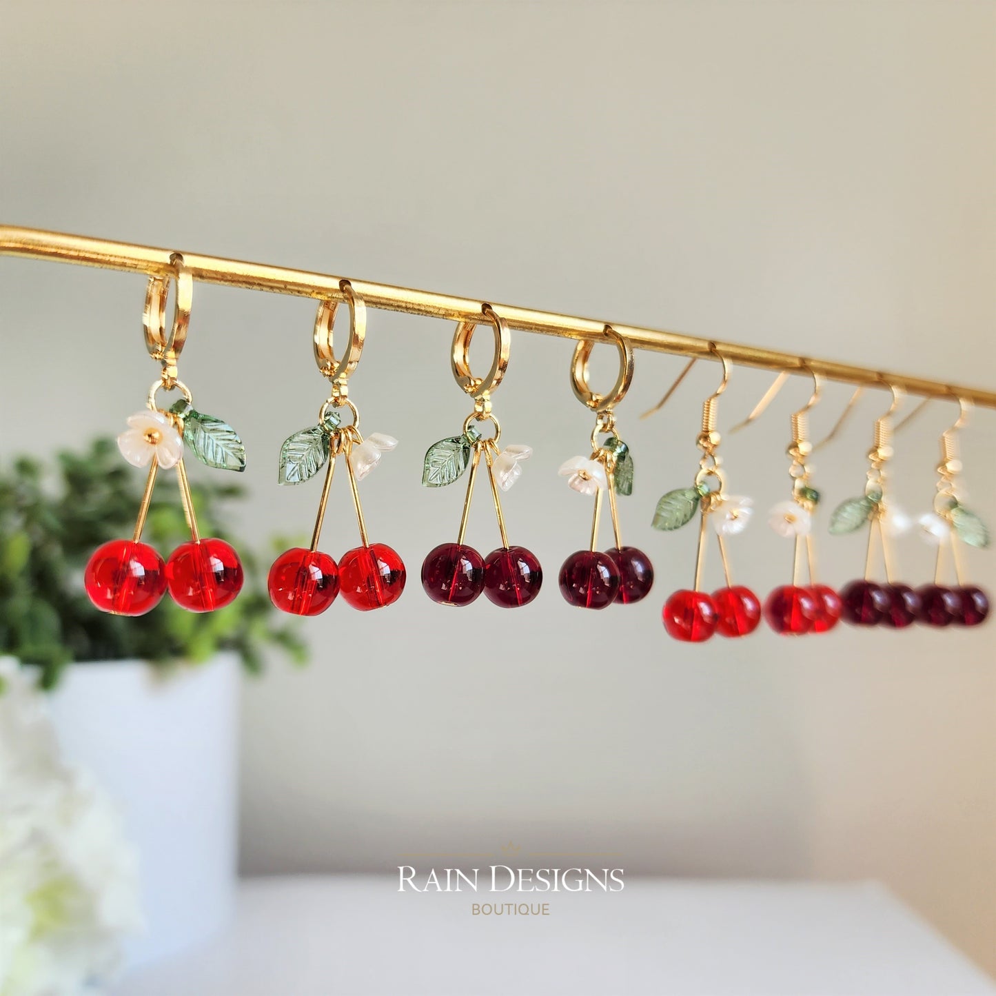 Pendientes de cereza, Pendientes colgantes de cereza roja de cristal, Pendientes de cereza de frutas, Pendientes de comida, Regalo para ella