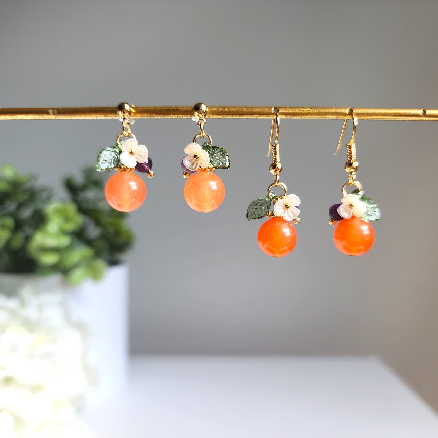 Pendientes de naranja jade, pendientes colgantes de naranja natural jade, pendientes de comida, pendientes de frutas, regalo para ella