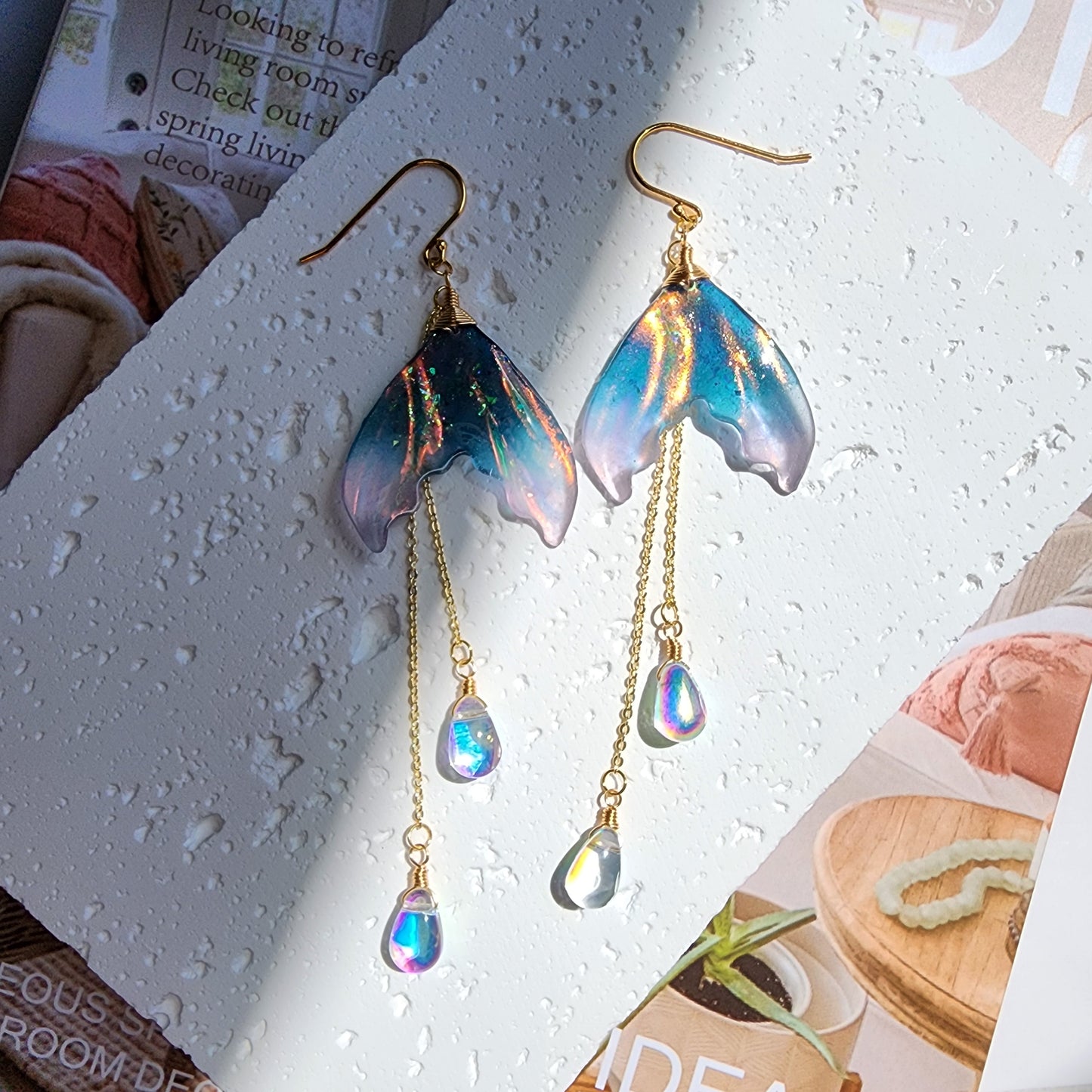 Iridescent Mermaid Tail Earrings | Resin Mermaid Tail Animal Fun Earrings