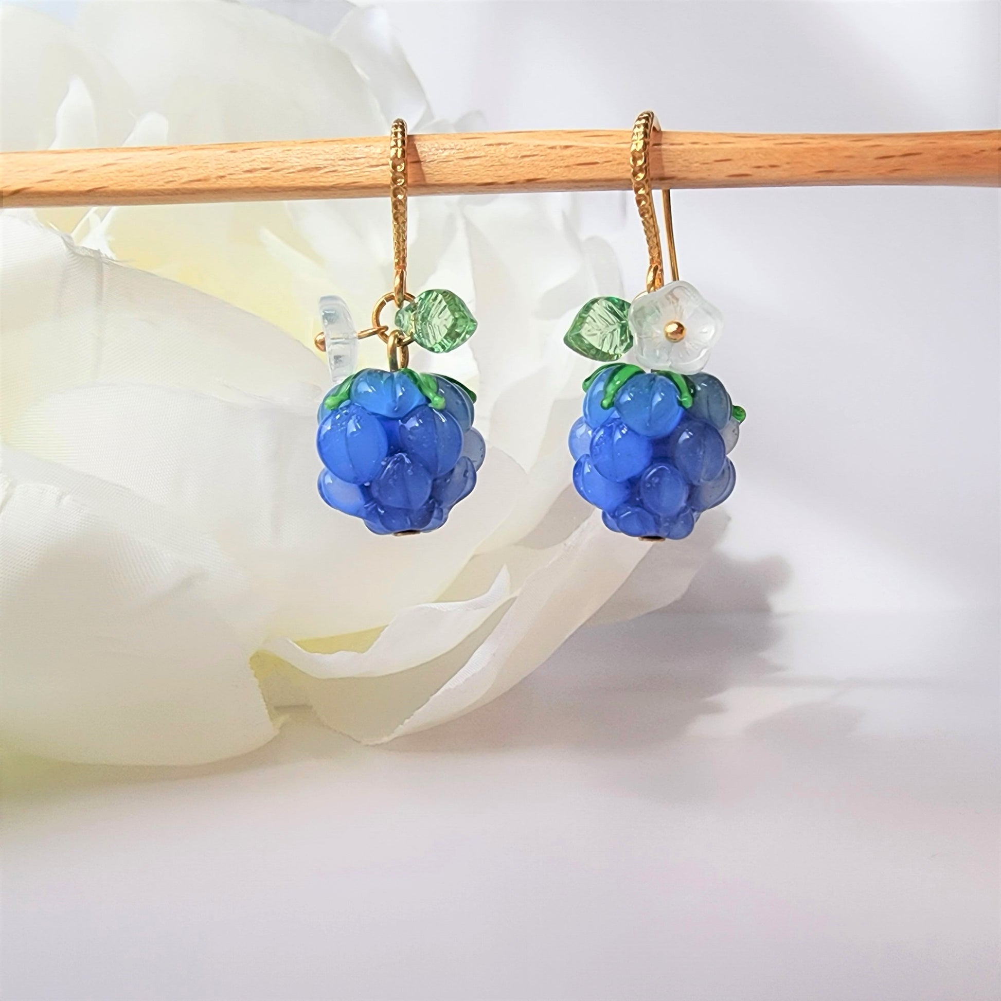 Cloud berry with flowers earrings, cute glass cloud berry dangle earrings, fruit earrings, food earrings, gift for her