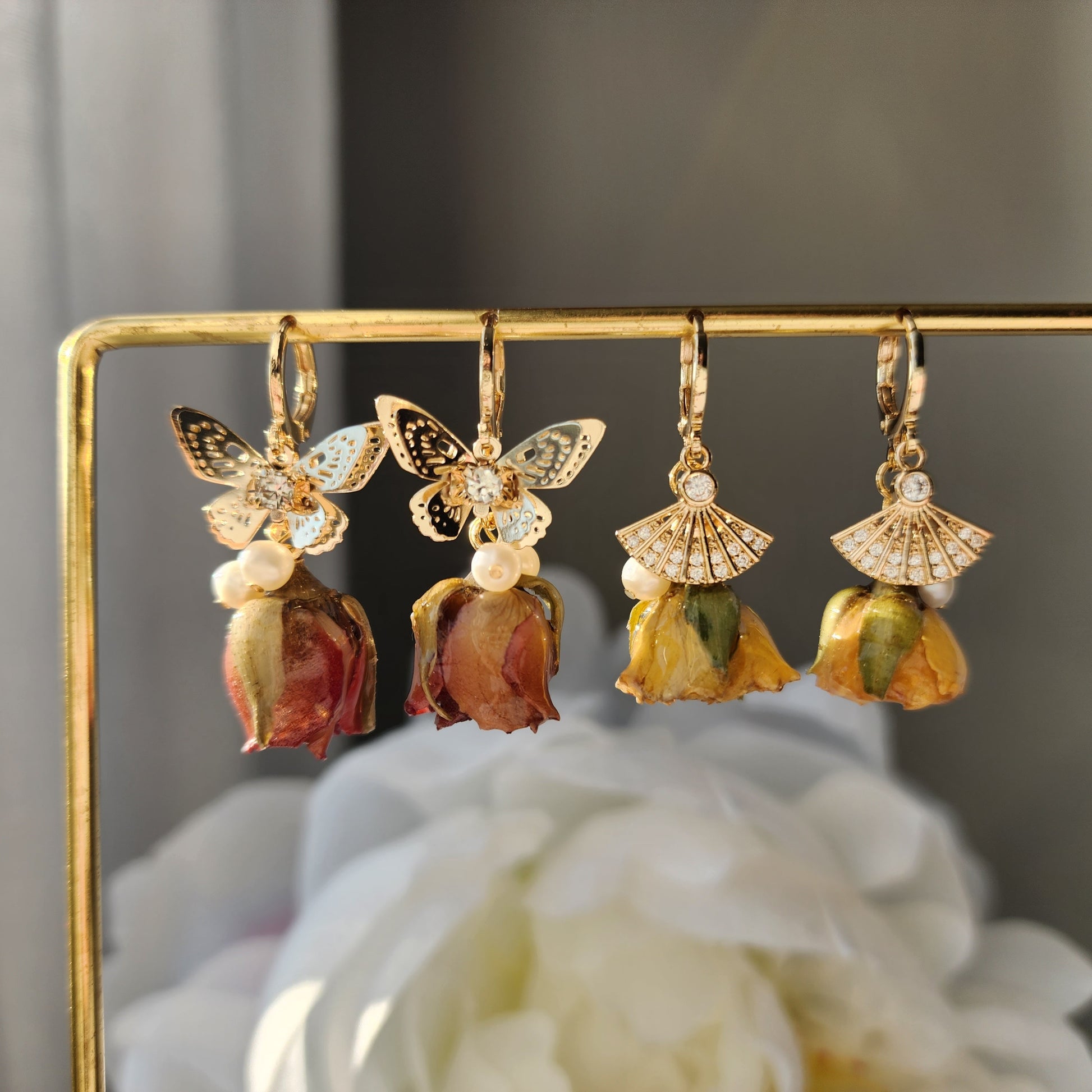 Real rose dangle earrings, gold butterfly with red rose earrings, gold fan with yellow rose earrings, gift for her