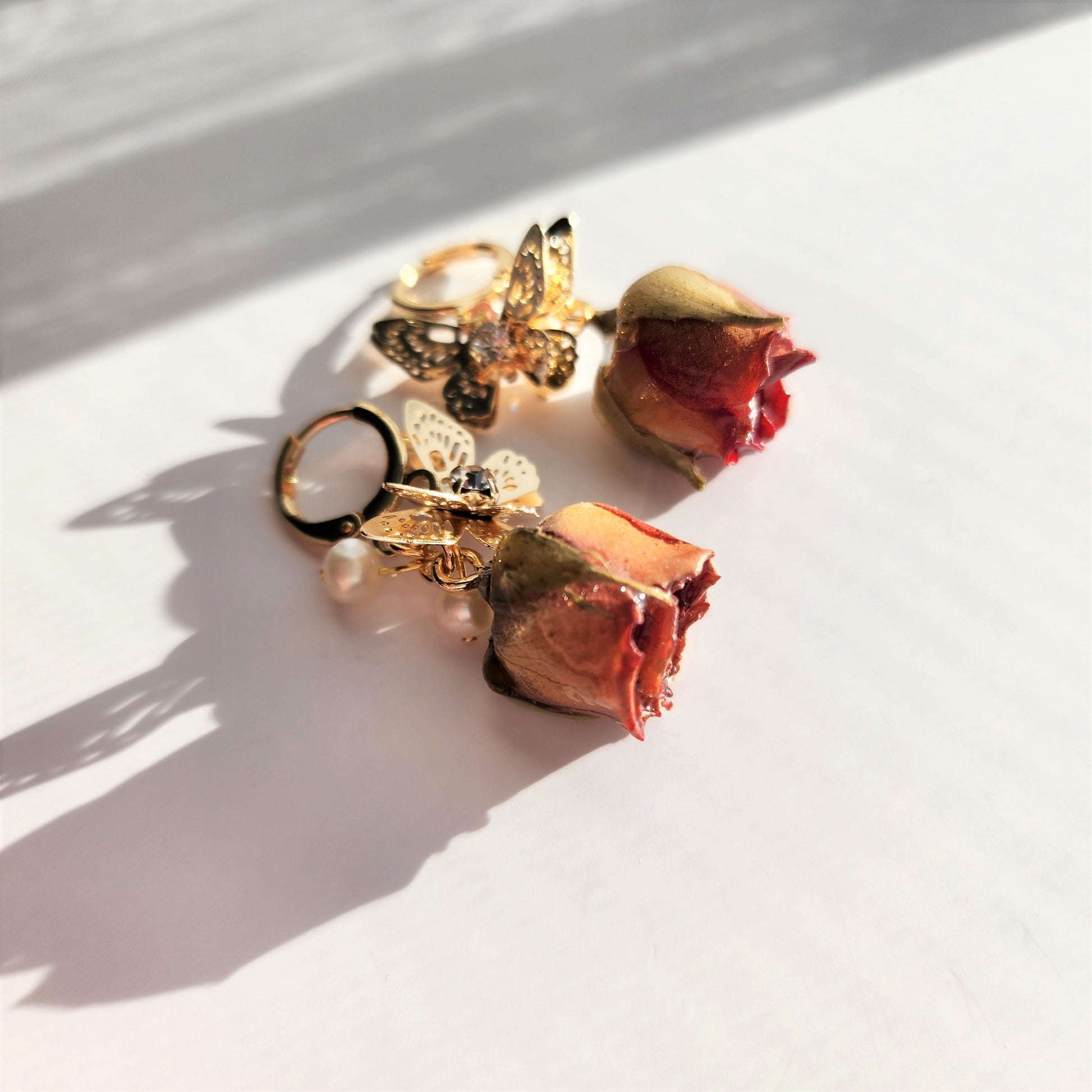 Real rose dangle earrings, gold butterfly with red rose earrings, gold fan with yellow rose earrings, gift for her