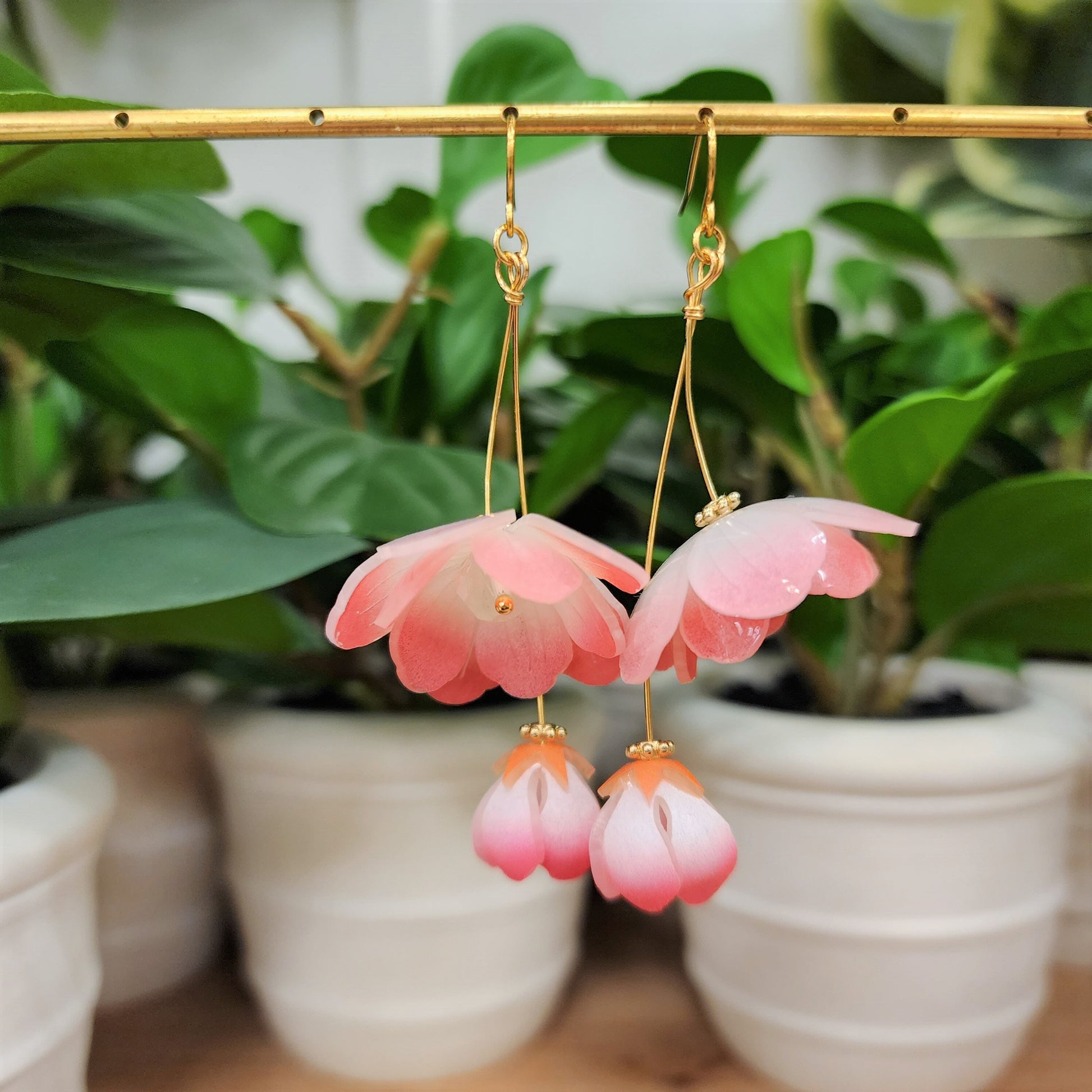Begonia flower earrings, floral dangle earrings, gift for her