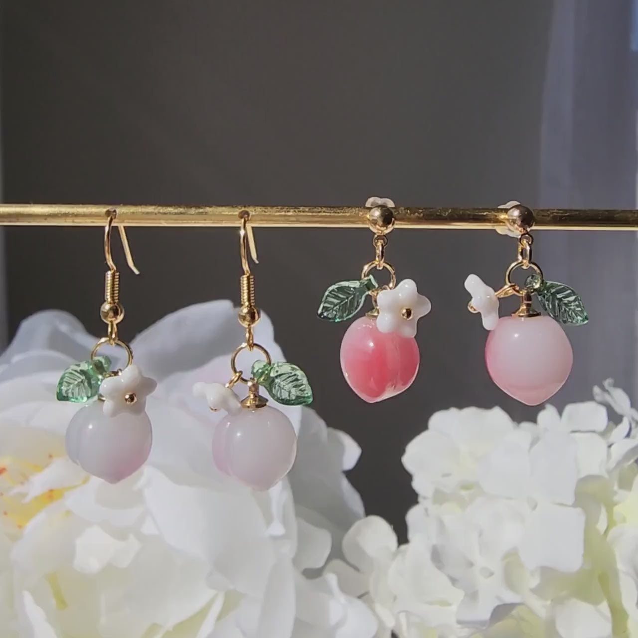 Peach earrings, fruit dangle earrings, food earrings, gift for her
