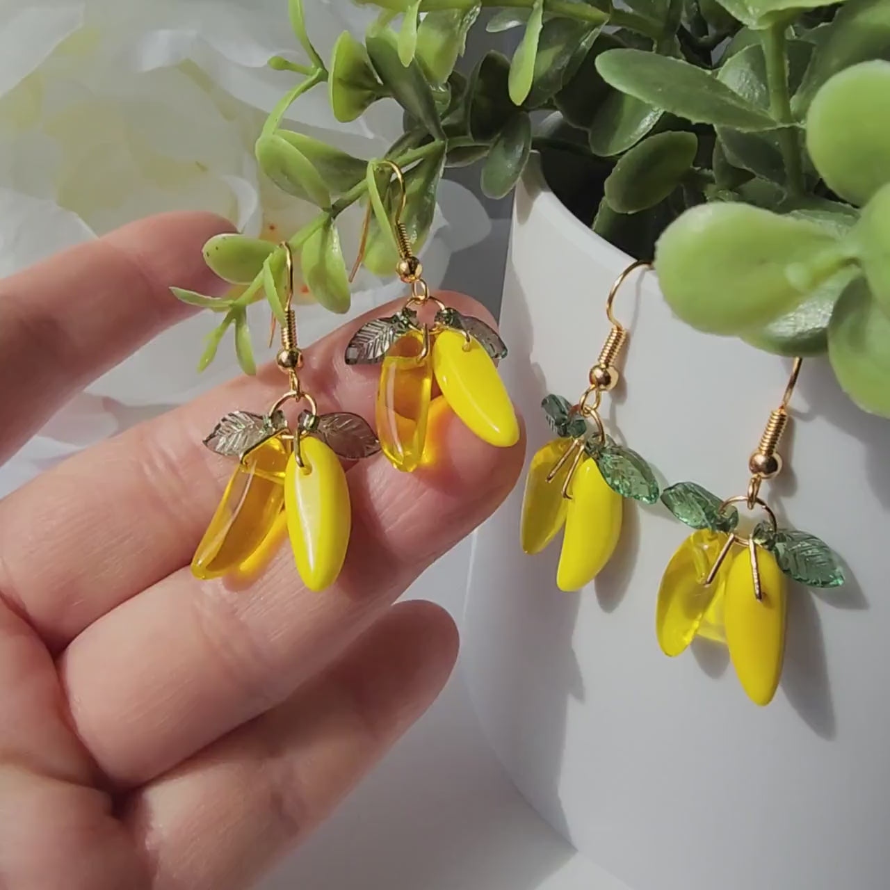 Banana earrings, glass banana dangle earrings, fruit earrings, food earrings, gift for her