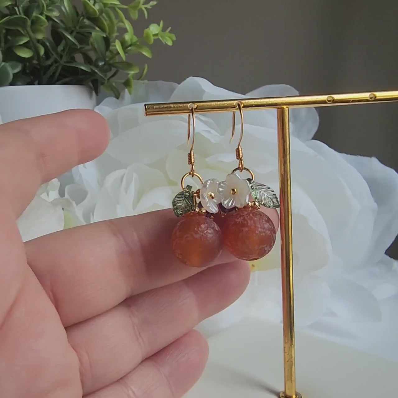 Old orange dangle earrings, natural Agate orange earrings, Fruit earrings, Gift for her