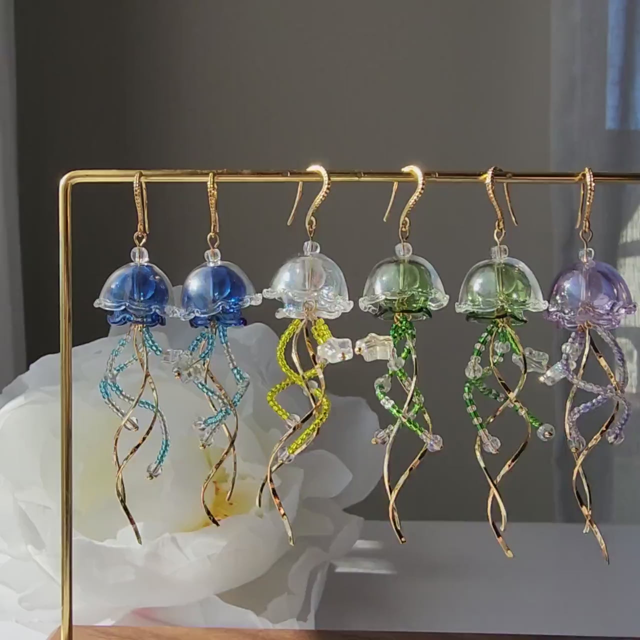 Sparkling Jellyfish earrings, Japanese jelly dangle earrings, sea animal earrings, gift for her