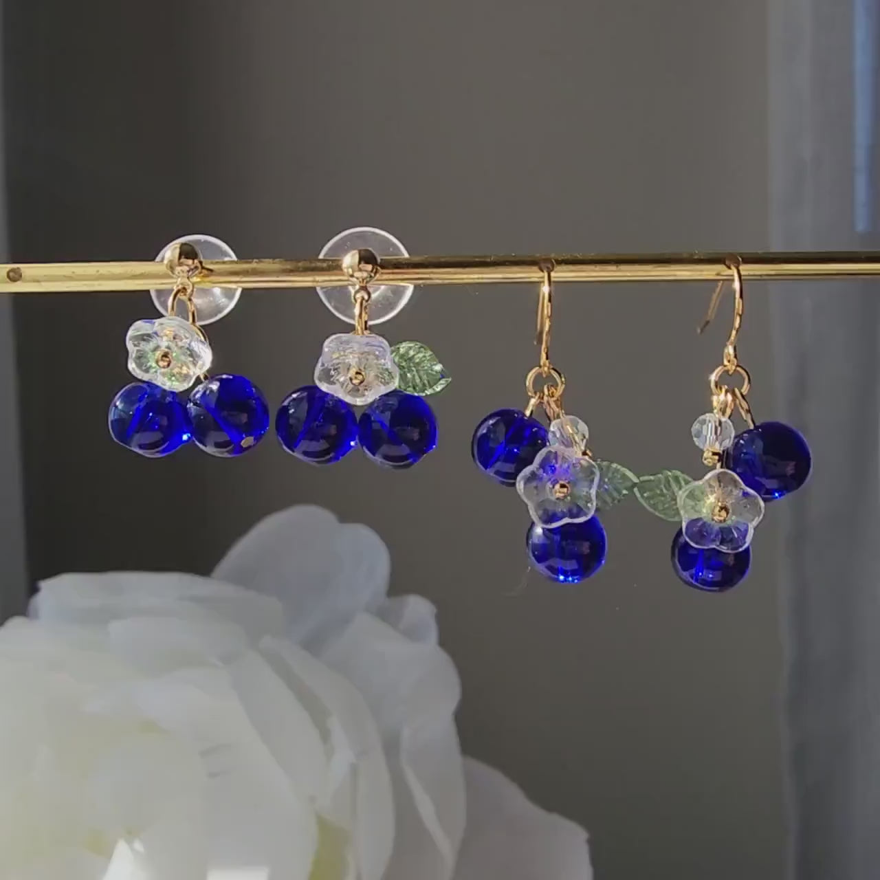 Blueberry cluster dangle earrings, Glass berries currants earrings, Fruit earrings, Food earrings