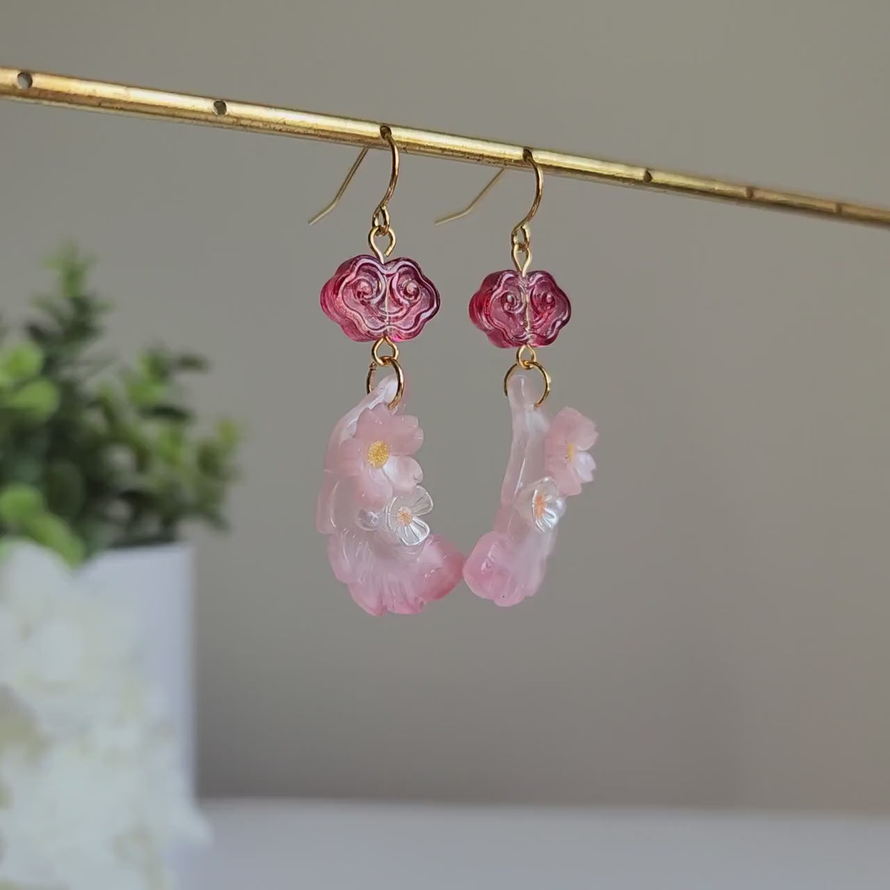 Flower feather dangle earrings, Oriental glass feather earrings, Fun earrings, gift for her
