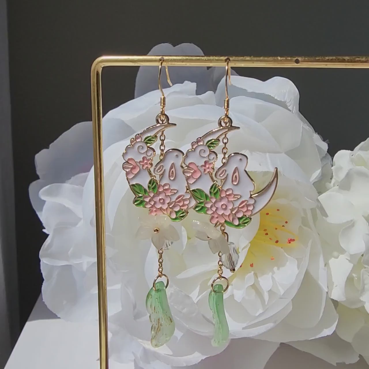 Crescent with rabbit and flowers earrings, cute bunny dangle earrings, fairytale drop earrings, gift for her