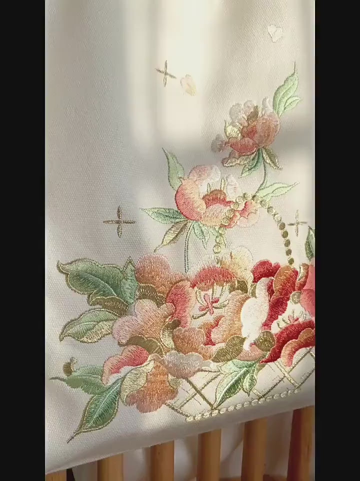 Flower basket embroidery tote bag, Silk flower handmade embroidery canvas handbag, Gift for her