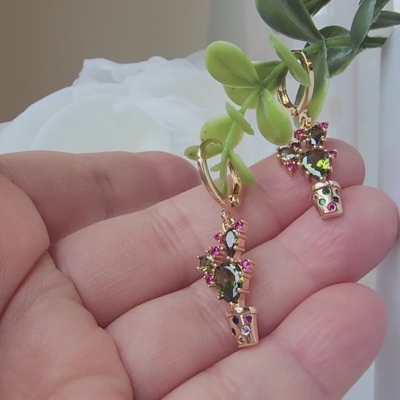 Cactus huggie hoop earrings, Cactus dangle earrings, plant drop earrings, gift for her