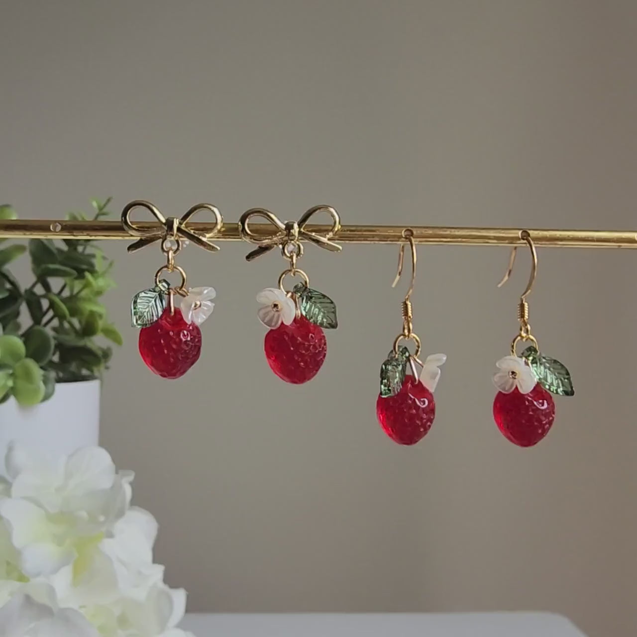 Mini Strawberry earrings, Glass Strawberry dangle earrings, Fruit earrings, Food earrings, Gift for her