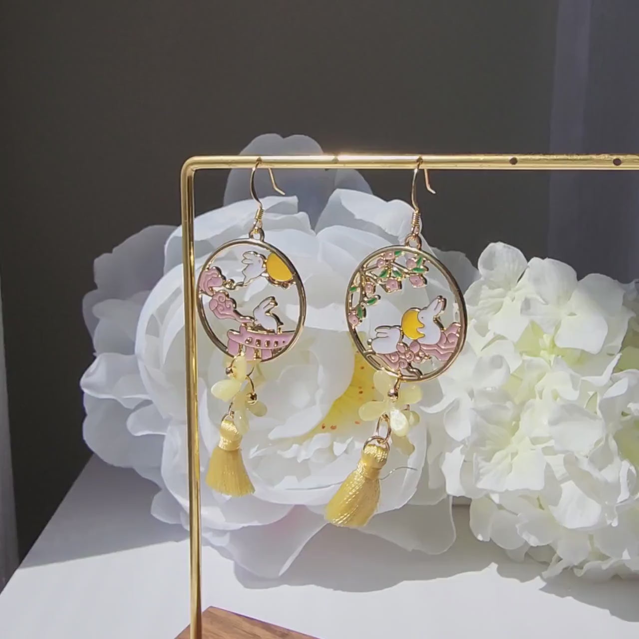 Yellow Osmanthus earrings, Japanese osmanthus blossom with rabbit bunny earrings, animal and floral earrings, gift for her