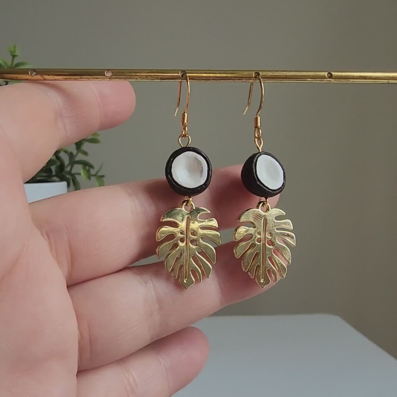 Coconut earrings, Hand painted ceramic coconut dangle earrings, Fruit earrings, Food earrings