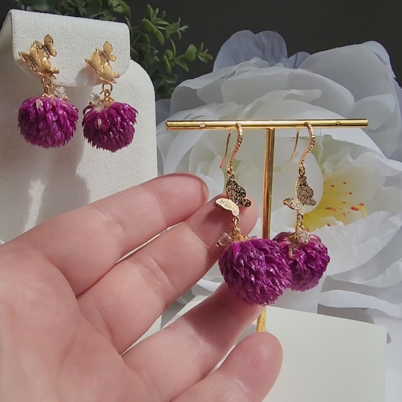 Thousand Day Red flower earrings, Botanical earrings, Real globe Amaranth flower earrings, gift for her