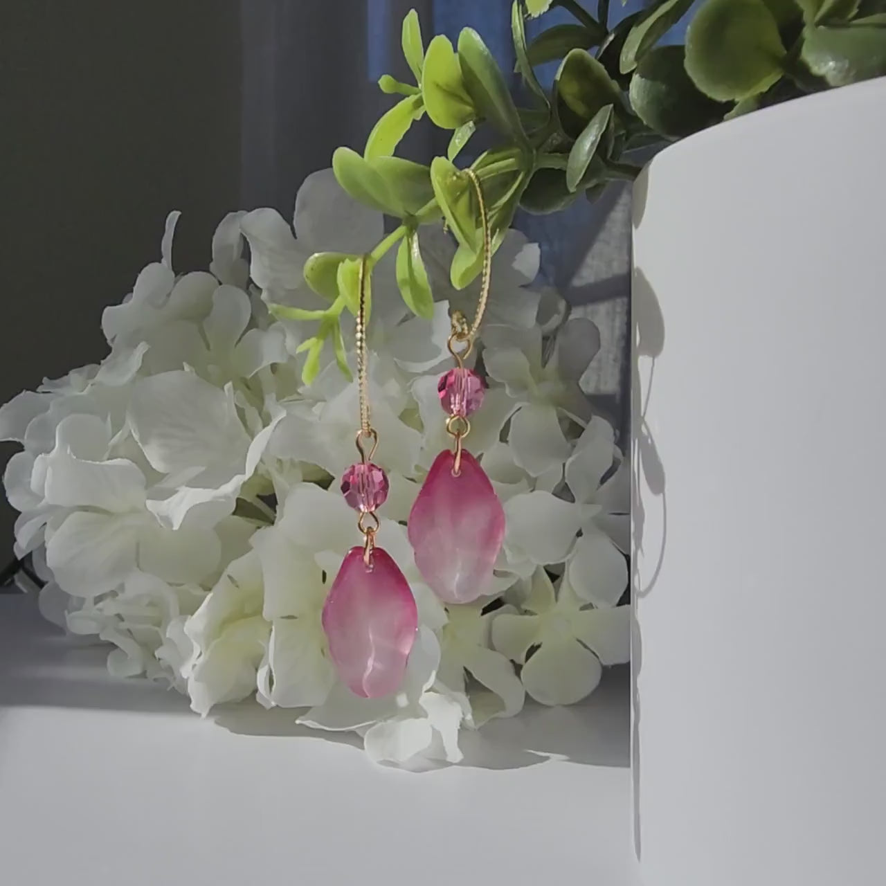 Rose petal earrings, flower petal crystal dangle earrings, gift for her