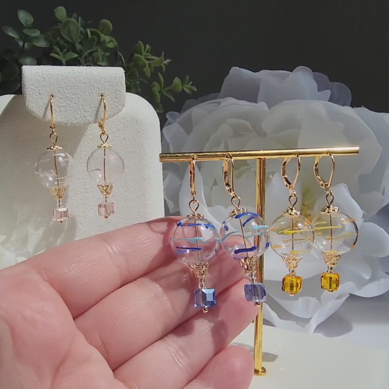 Hand painted Hot air balloon earrings, Small glass fly balloon earrings, Dainty balloon earrings, Fun air bubble earrings, gift for her