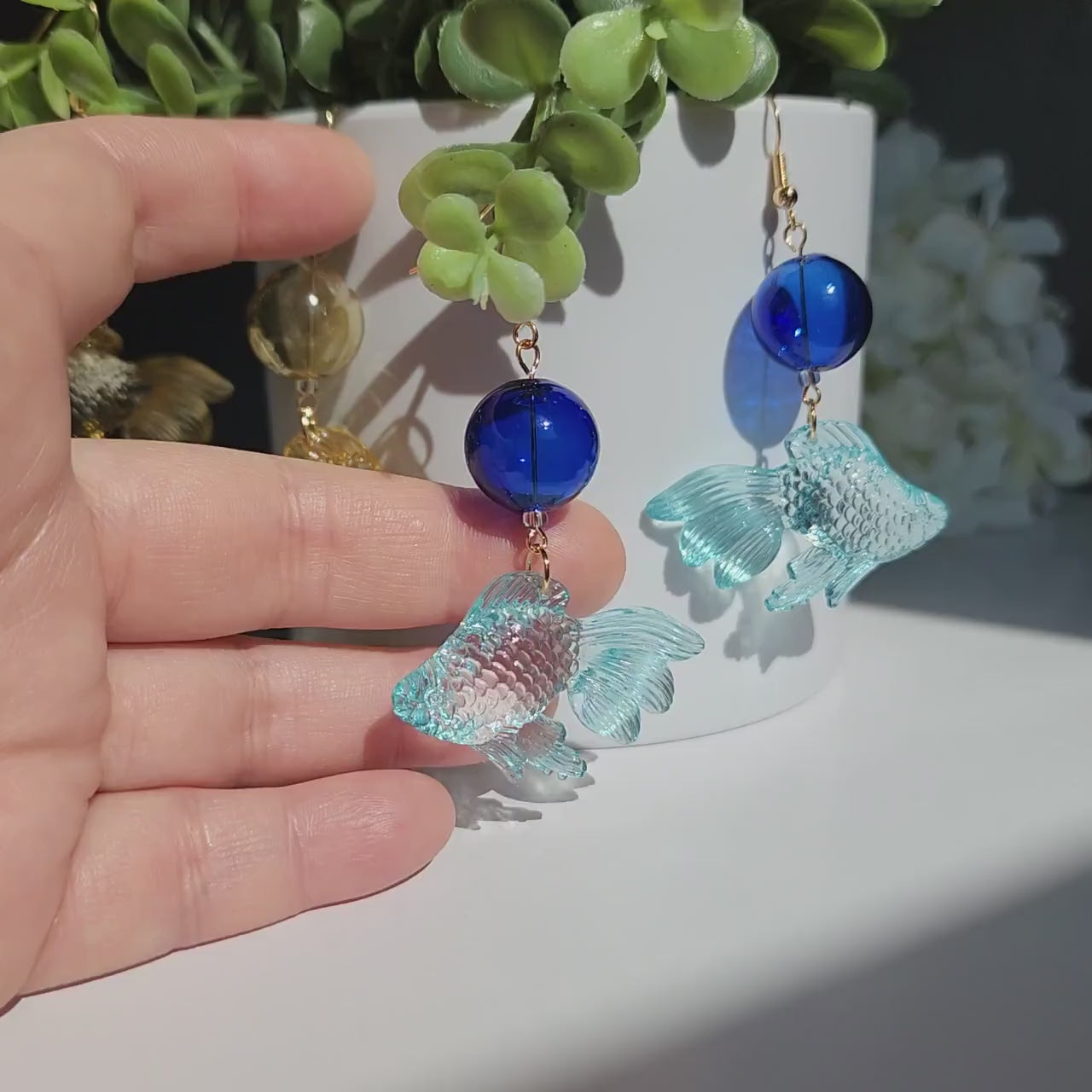 Transparent goldfish earrings, Colorful goldfish dangle earrings, Fun animal earrings, gift for her