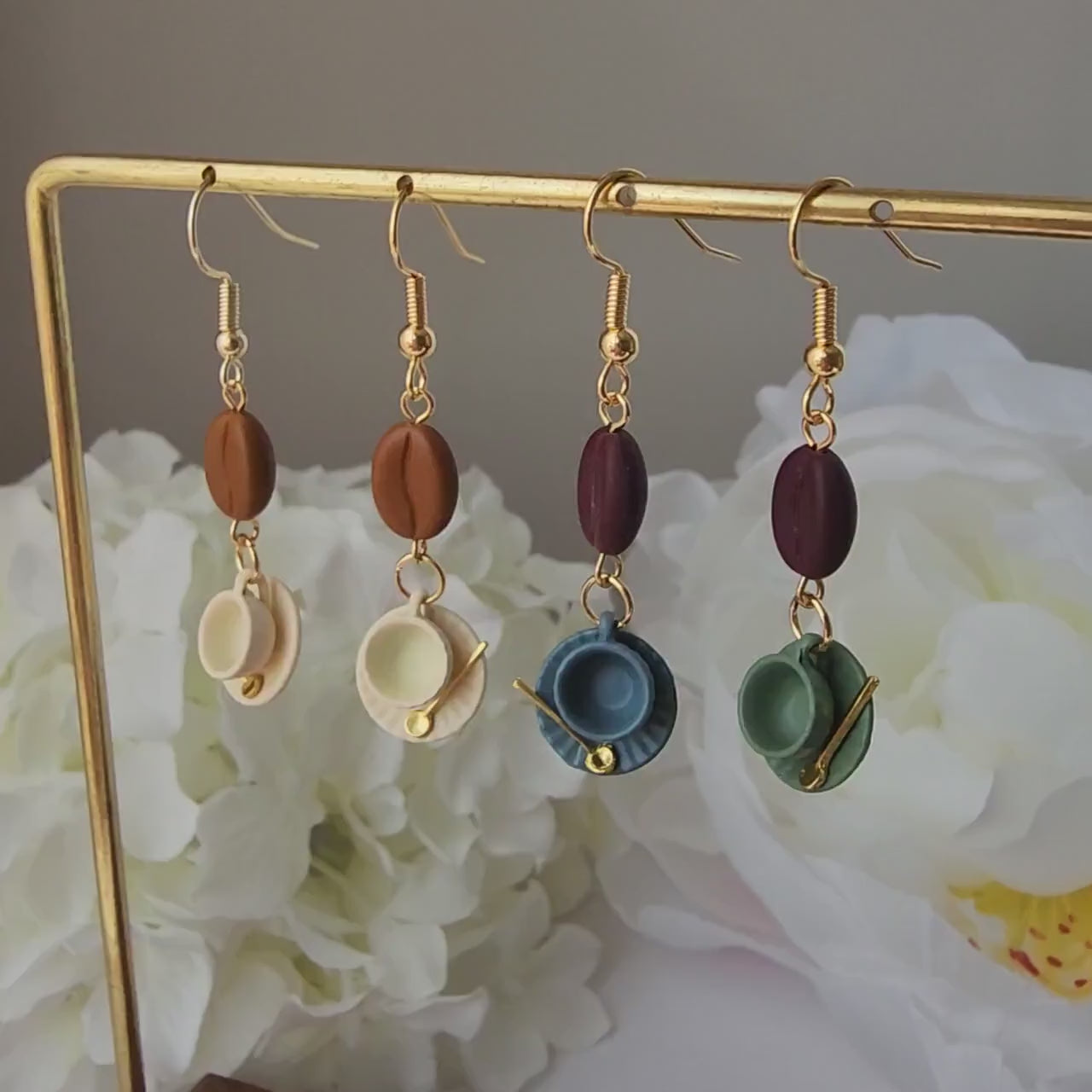 Ceramic coffee cup with saucer earrings, Coffee beans dangle earrings, gift for her