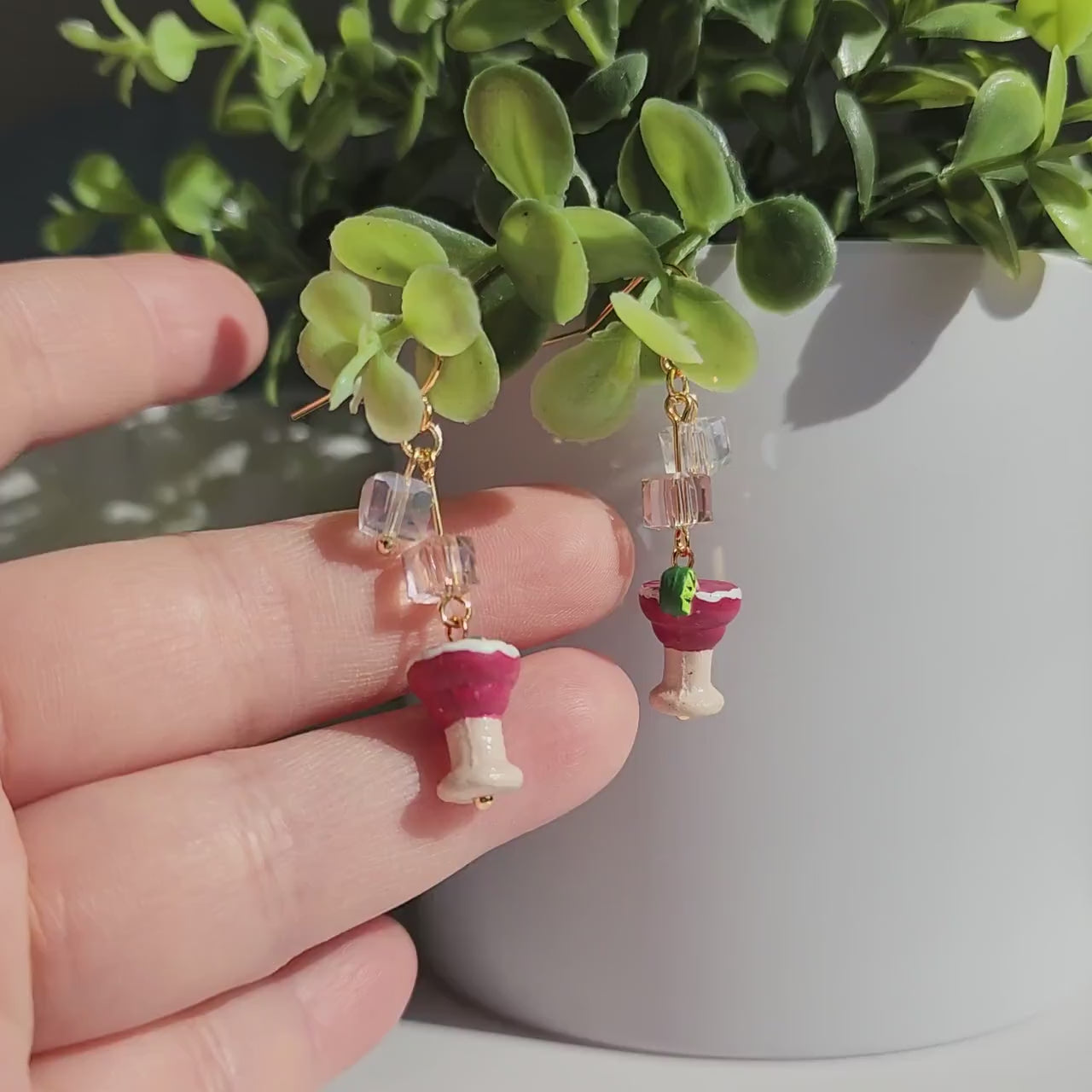 Strawberry Margarita with ice earrings, Cocktail drink earrings, Food ceramic earrings, Gift for her