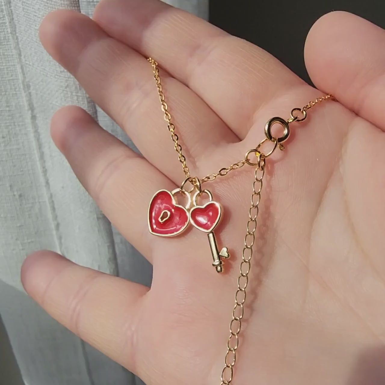 Red Heart Necklace, Love Heart lock and Key Gold Necklace,Bridesmaid Gift, Bridal Shower Gift, Flower Girl Necklace, Birthday Gift