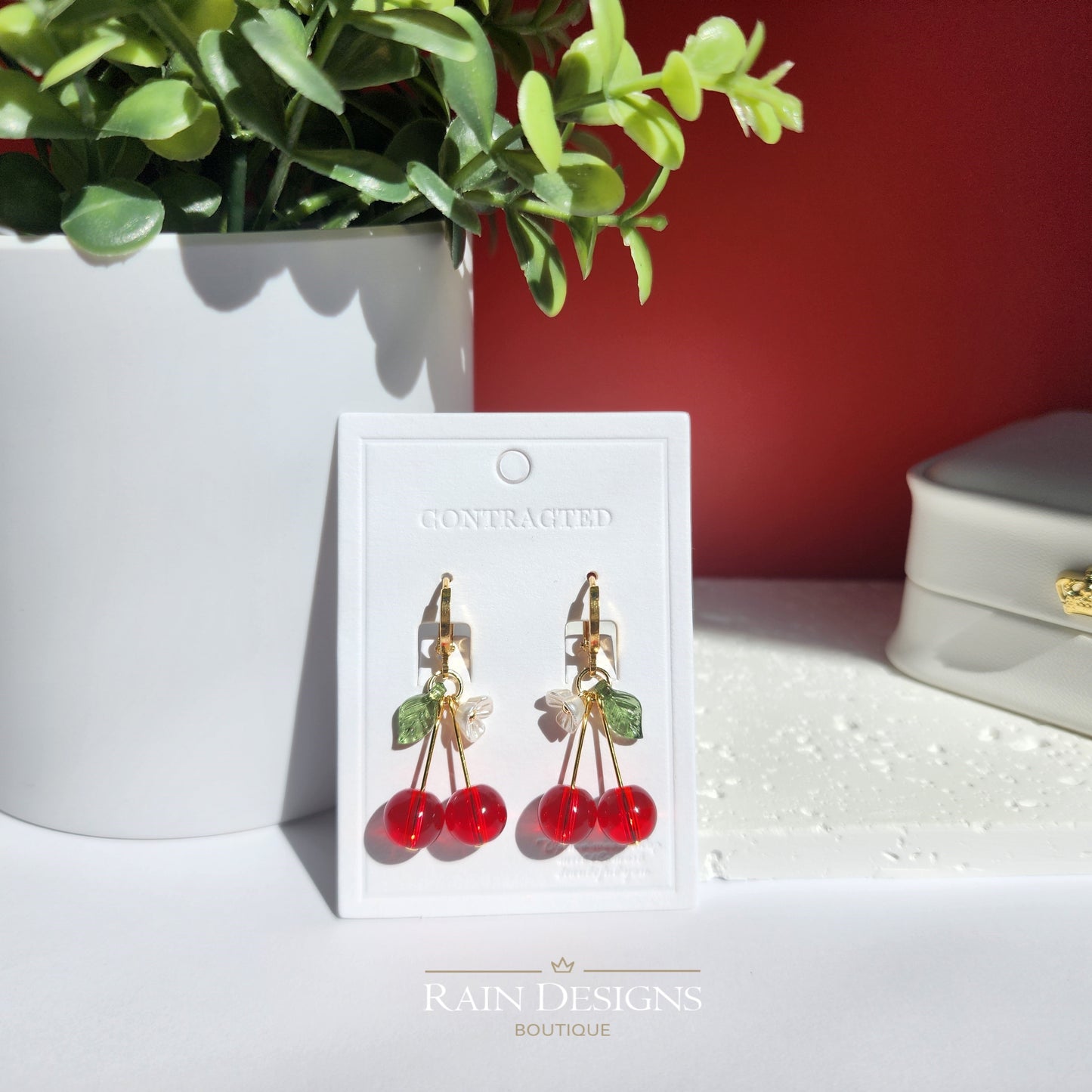 Pendientes de cereza, Pendientes colgantes de cereza roja de cristal, Pendientes de cereza de frutas, Pendientes de comida, Regalo para ella