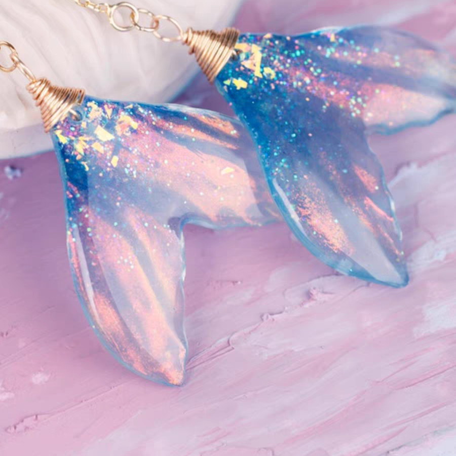 Iridescent Mermaid Tail Earrings | Resin Mermaid Tail Animal Fun Earrings