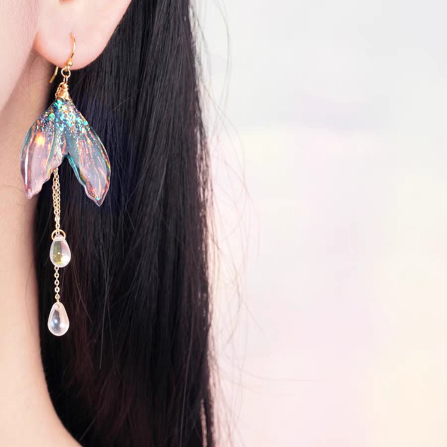 Iridescent Mermaid Tail Earrings | Resin Mermaid Tail Animal Fun Earrings