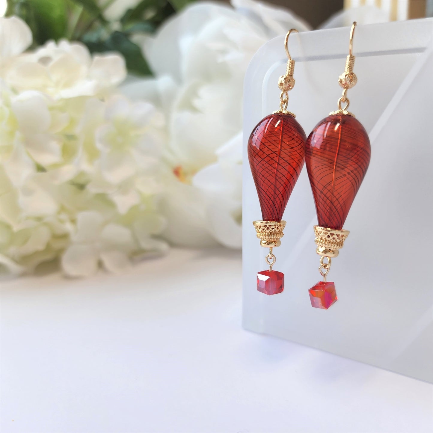 Hot air balloon earrings, glass fly balloon (L size) earrings, colorful glass balloon earrings, drop earrings, gold-plated earring