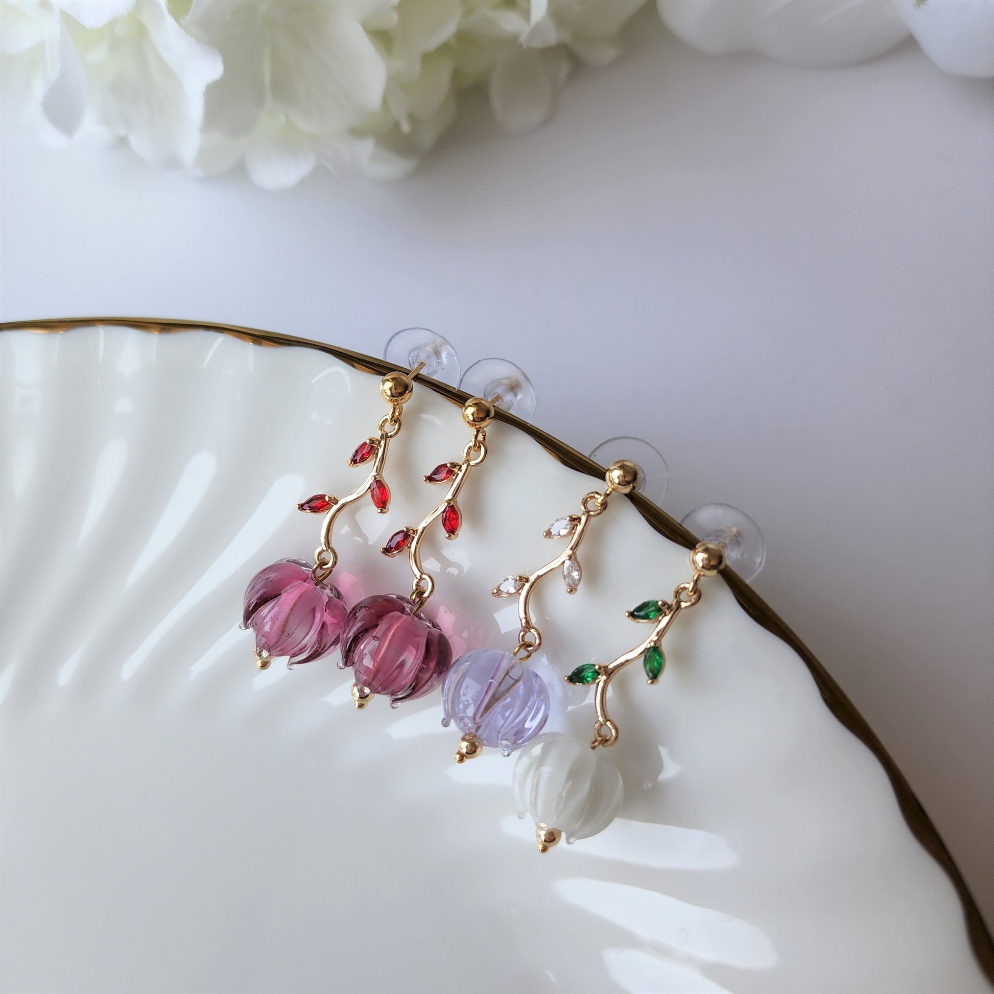 Tulip dangle earrings, glass tulip earrings, glass flower drop earring, gift for her