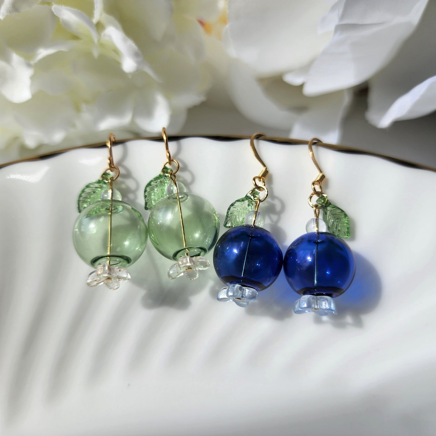 Large blueberry earrings, Bubble glass blueberry drop earrings, Fruit and food earrings, Gift for her
