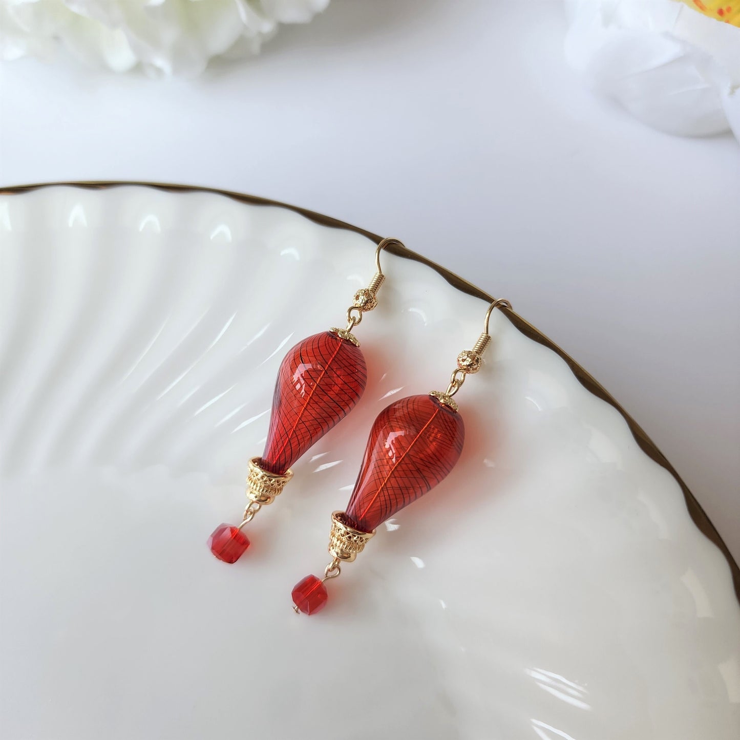 Hot air balloon earrings, glass fly balloon (L size) earrings, colorful glass balloon earrings, drop earrings, gold-plated earring