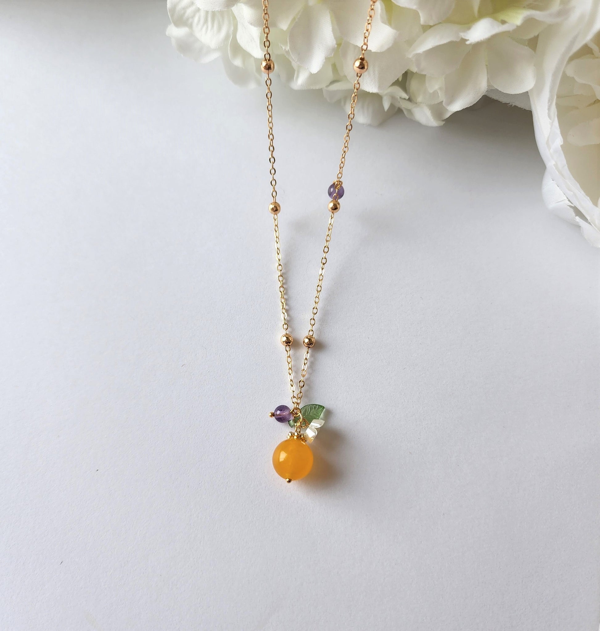Jade orange necklace, yellow jade necklace, fruit necklace, food necklace, yellow jade and purple amethyst, gift for her