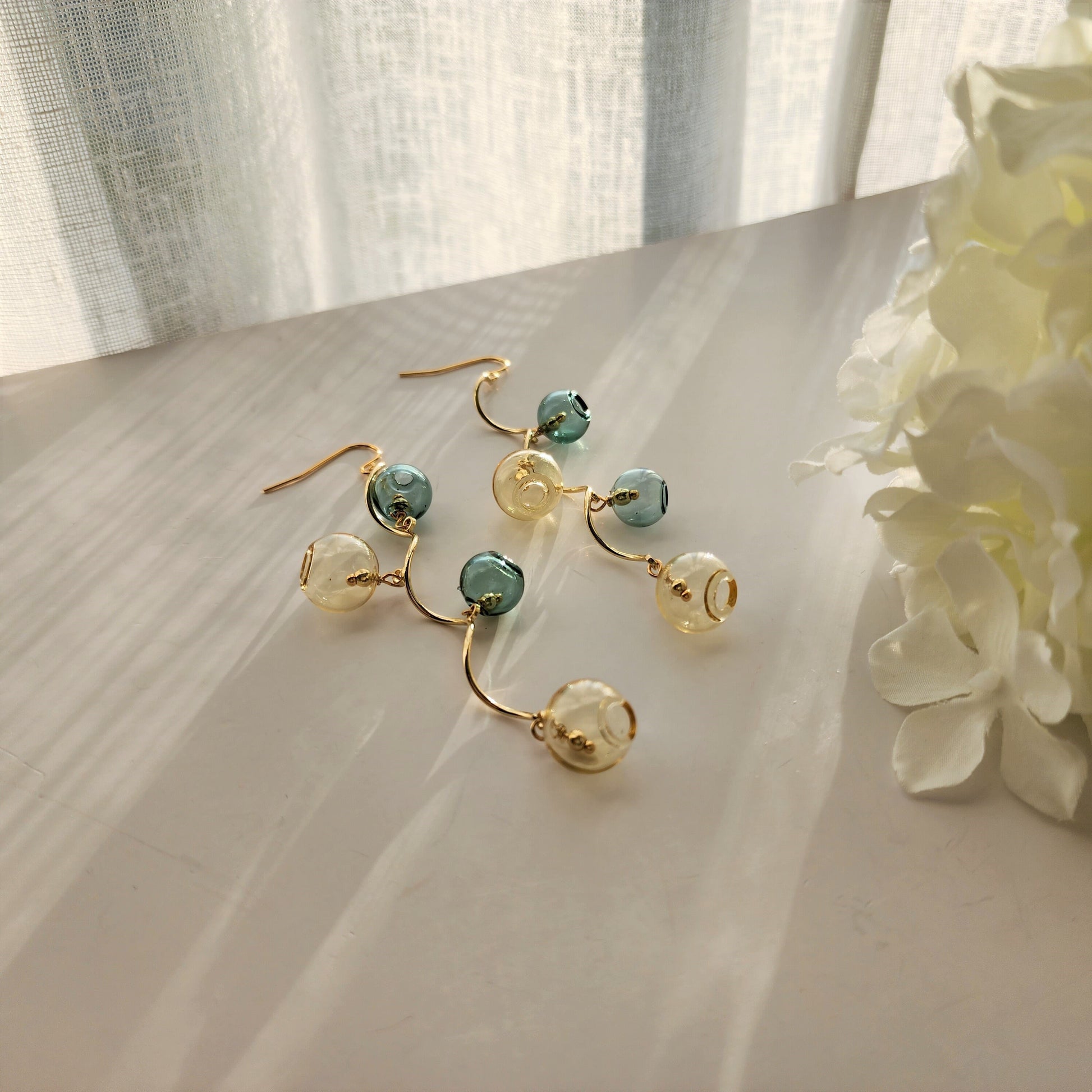 Glass bubble dangle earrings, glass ball earrings, abstraction style, 14k gold plated earring, gift for her