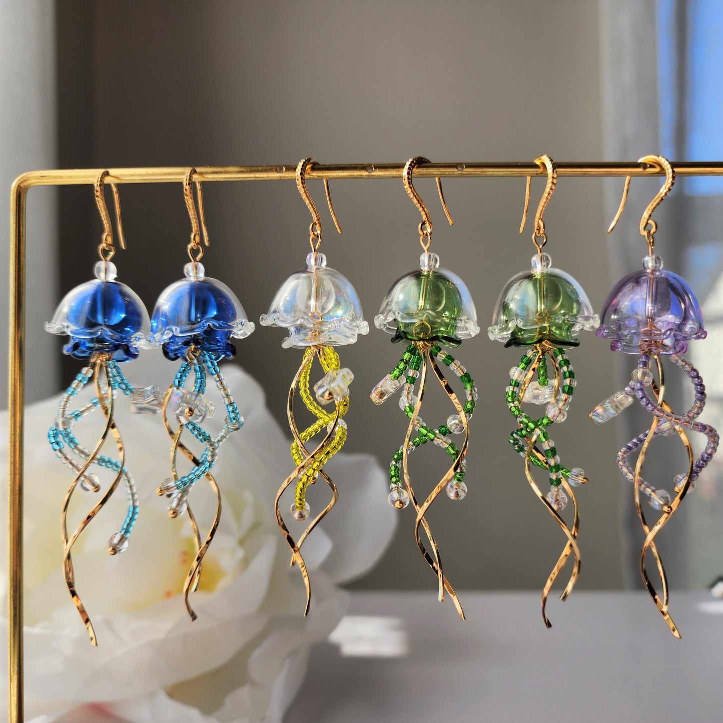 Sparkling Jellyfish earrings, Japanese jelly dangle earrings, sea animal earrings, gift for her