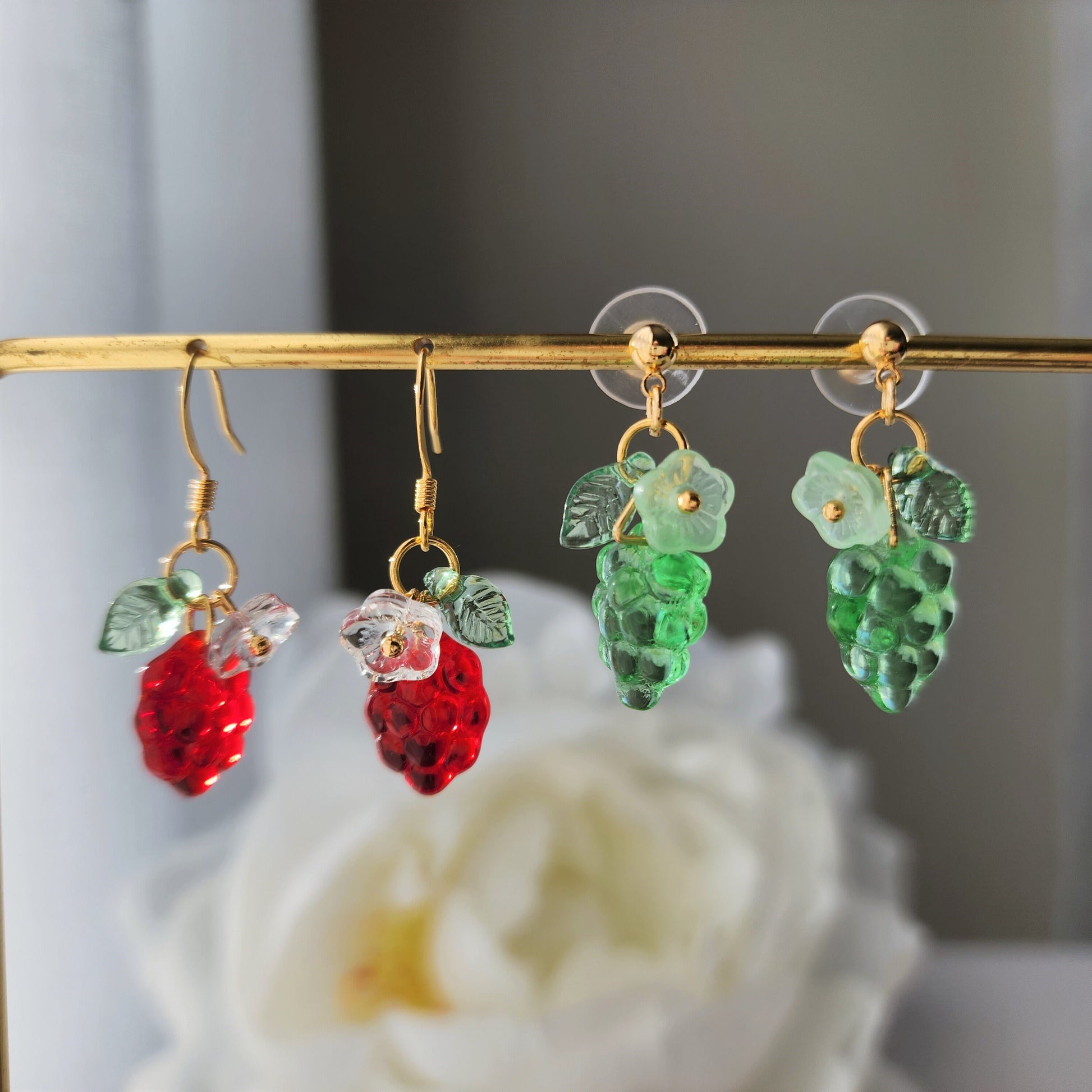 Grape earrings, Pure color glass grape earrings, fruit earrings