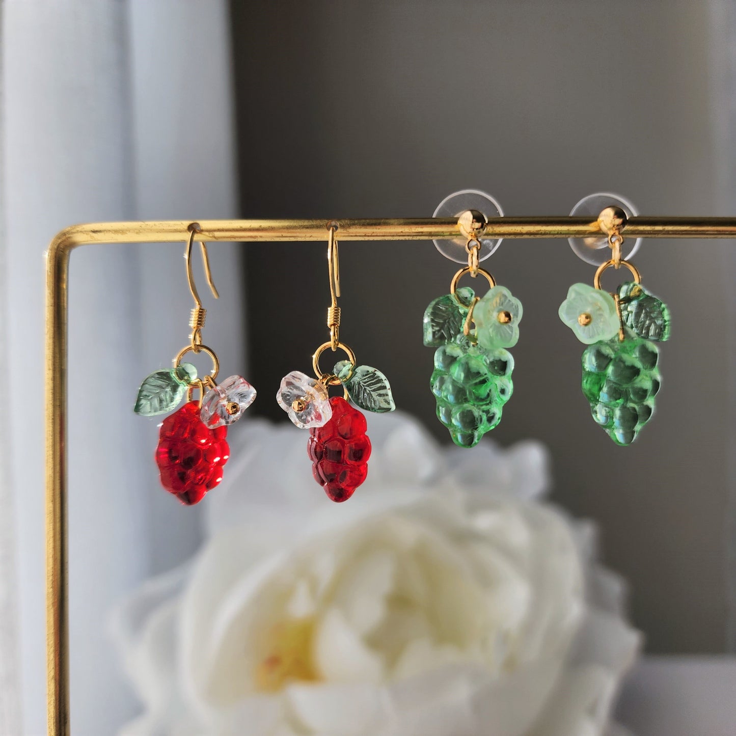 Grape earrings, Pure color glass grape earrings, fruit earrings
