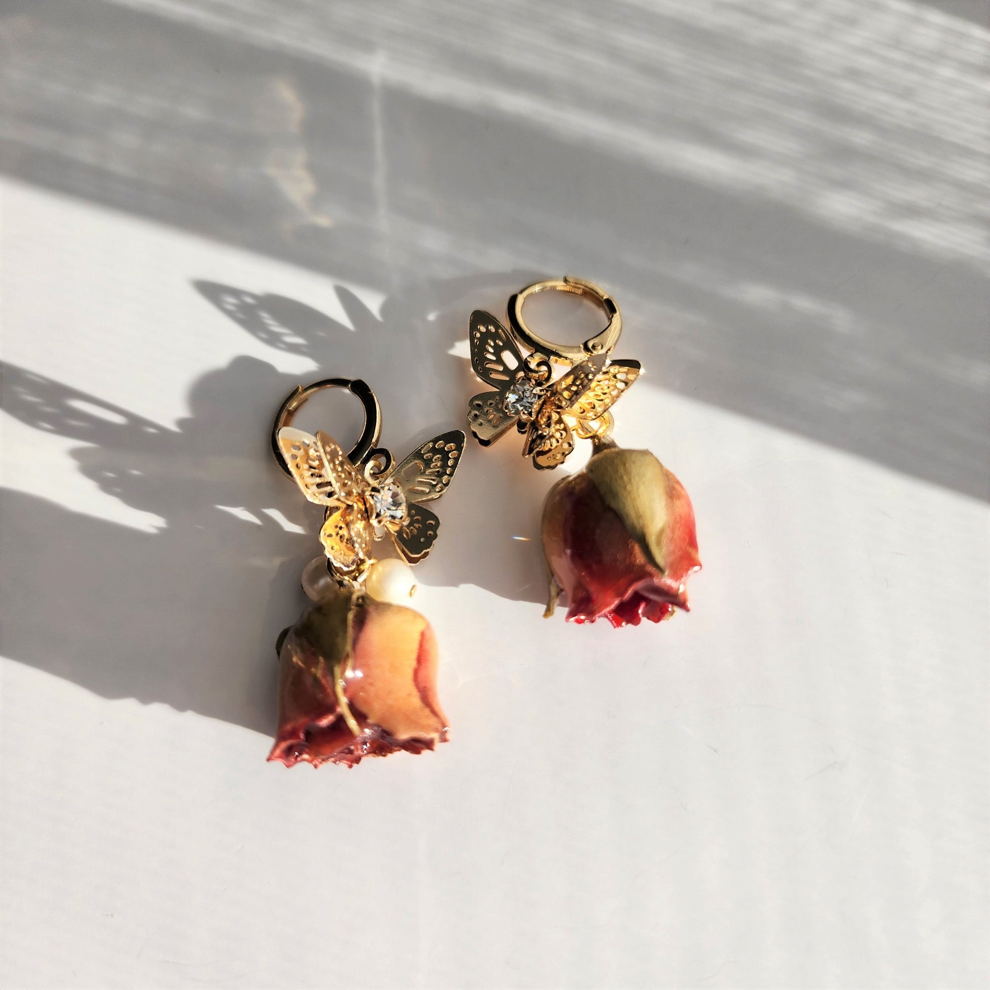 Real rose dangle earrings, gold butterfly with red rose earrings, gold fan with yellow rose earrings, gift for her