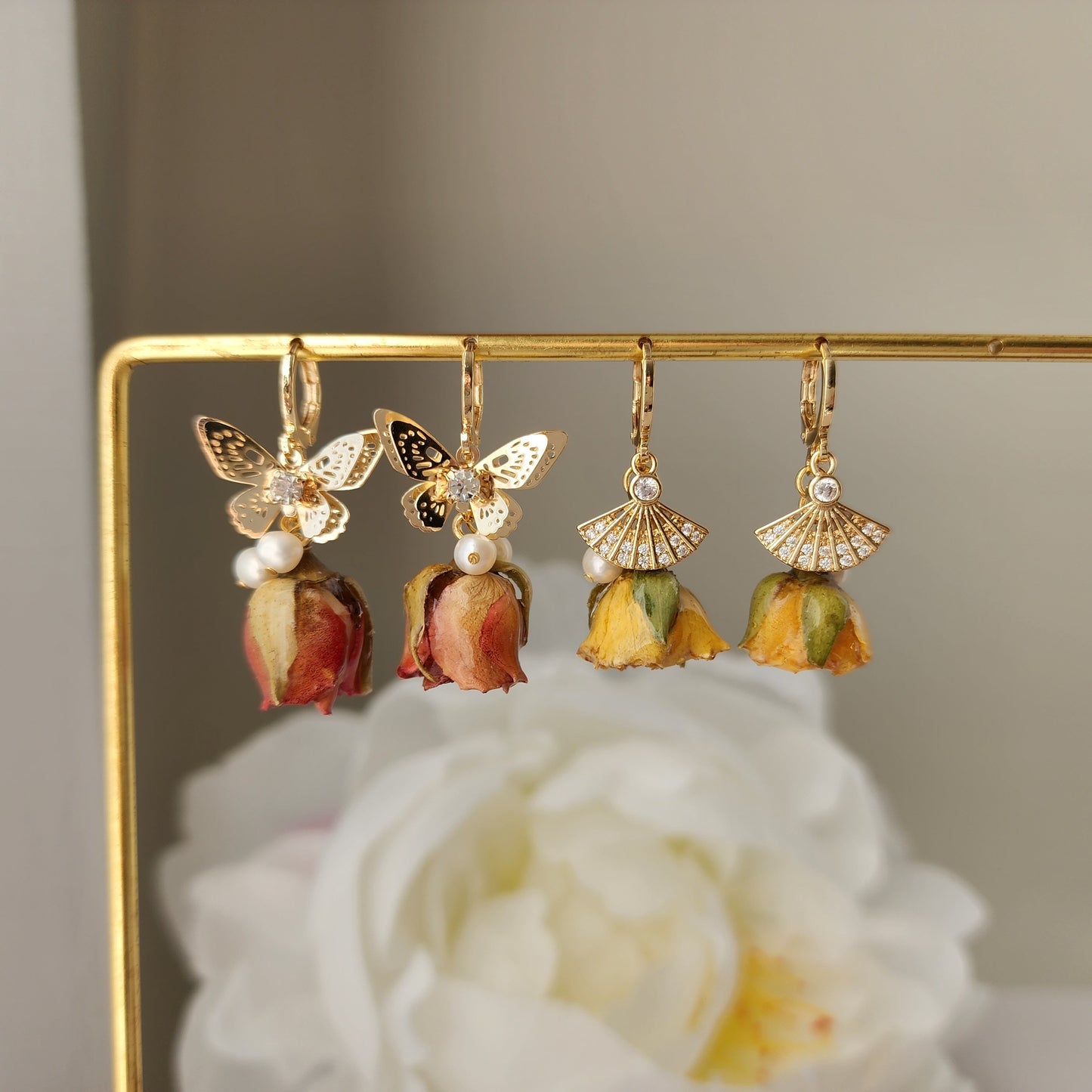 Real rose dangle earrings, gold butterfly with red rose earrings, gold fan with yellow rose earrings, gift for her