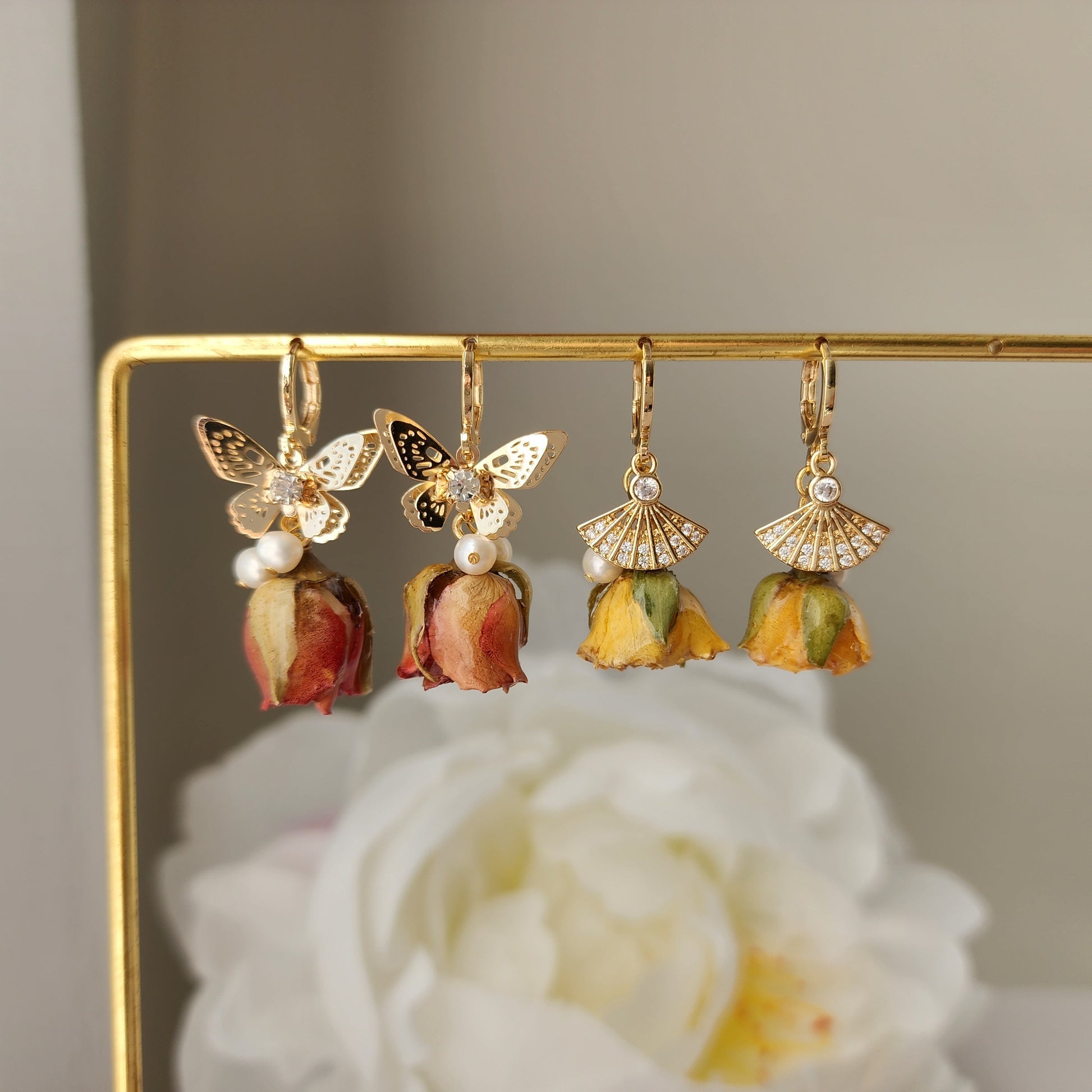 Real rose dangle earrings, gold butterfly with red rose earrings, gold fan with yellow rose earrings, gift for her