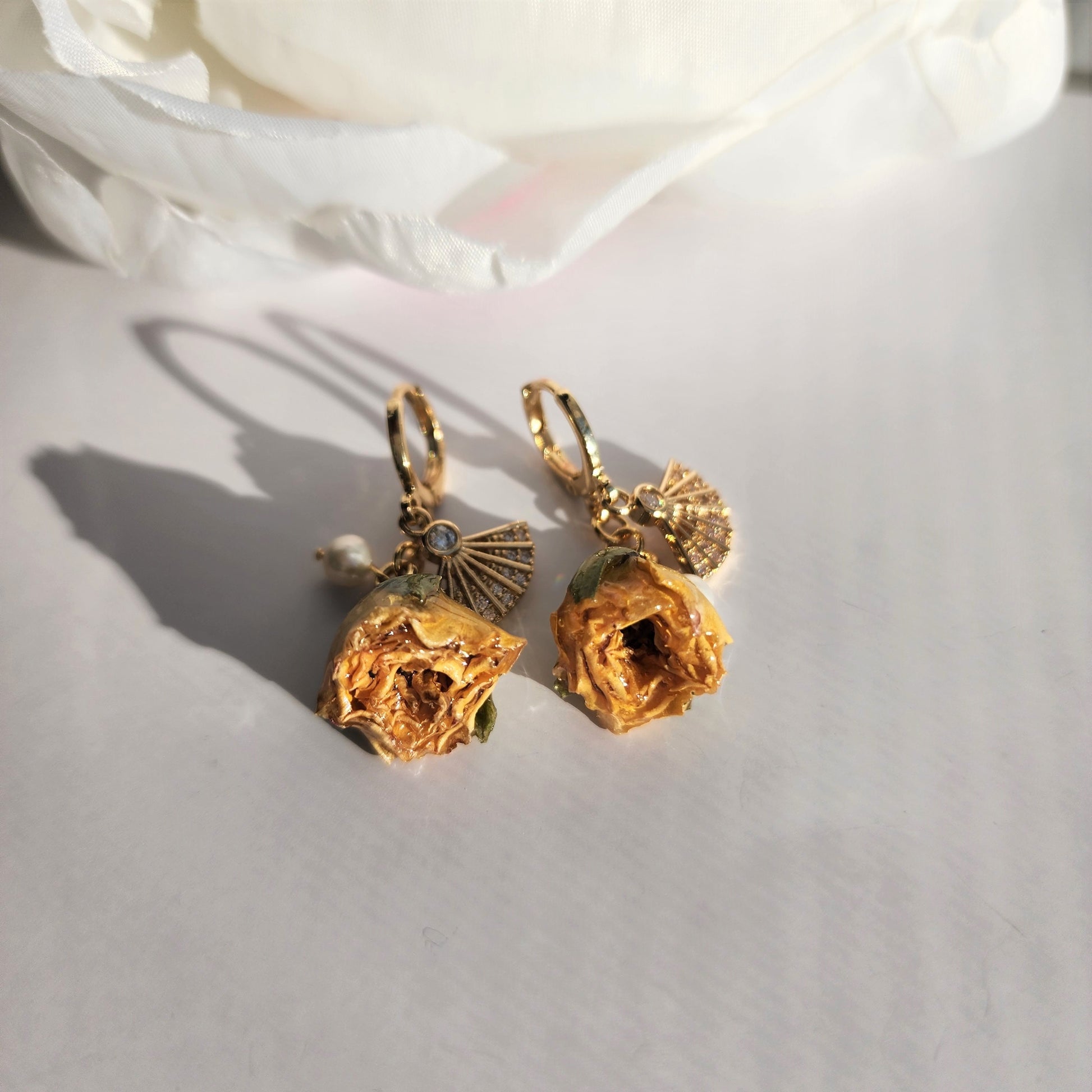 Real rose dangle earrings, gold butterfly with red rose earrings, gold fan with yellow rose earrings, gift for her