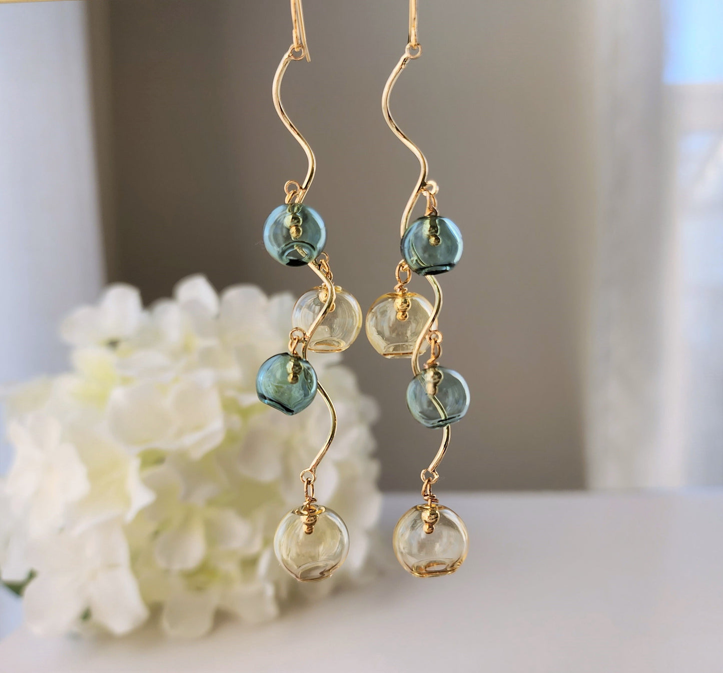 Glass bubble dangle earrings, glass ball earrings, abstraction style, 14k gold plated earring, gift for her
