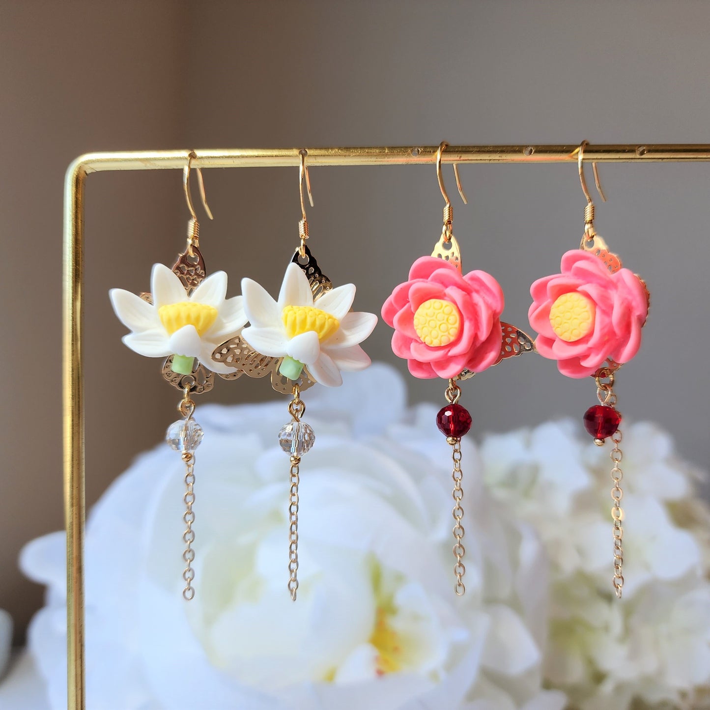 Lotus blossom earrings, water lily dangle earrings, floral earrings, gift for her