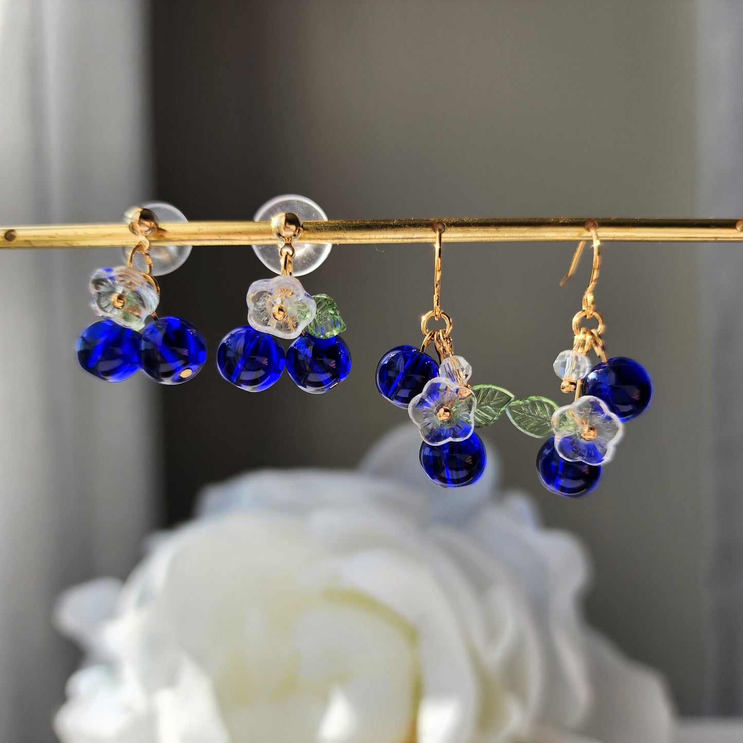 Blueberry cluster dangle earrings, Glass berries currants earrings, Fruit earrings, Food earrings