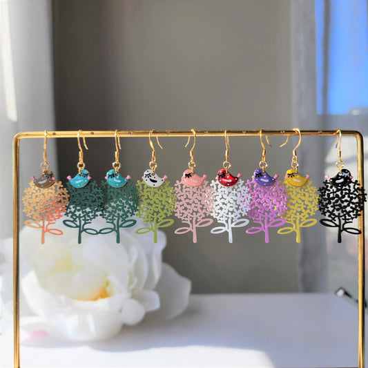 Little birds resting on the tree earrings, tree dangle earrings, lightweight drop earrings, gift for her